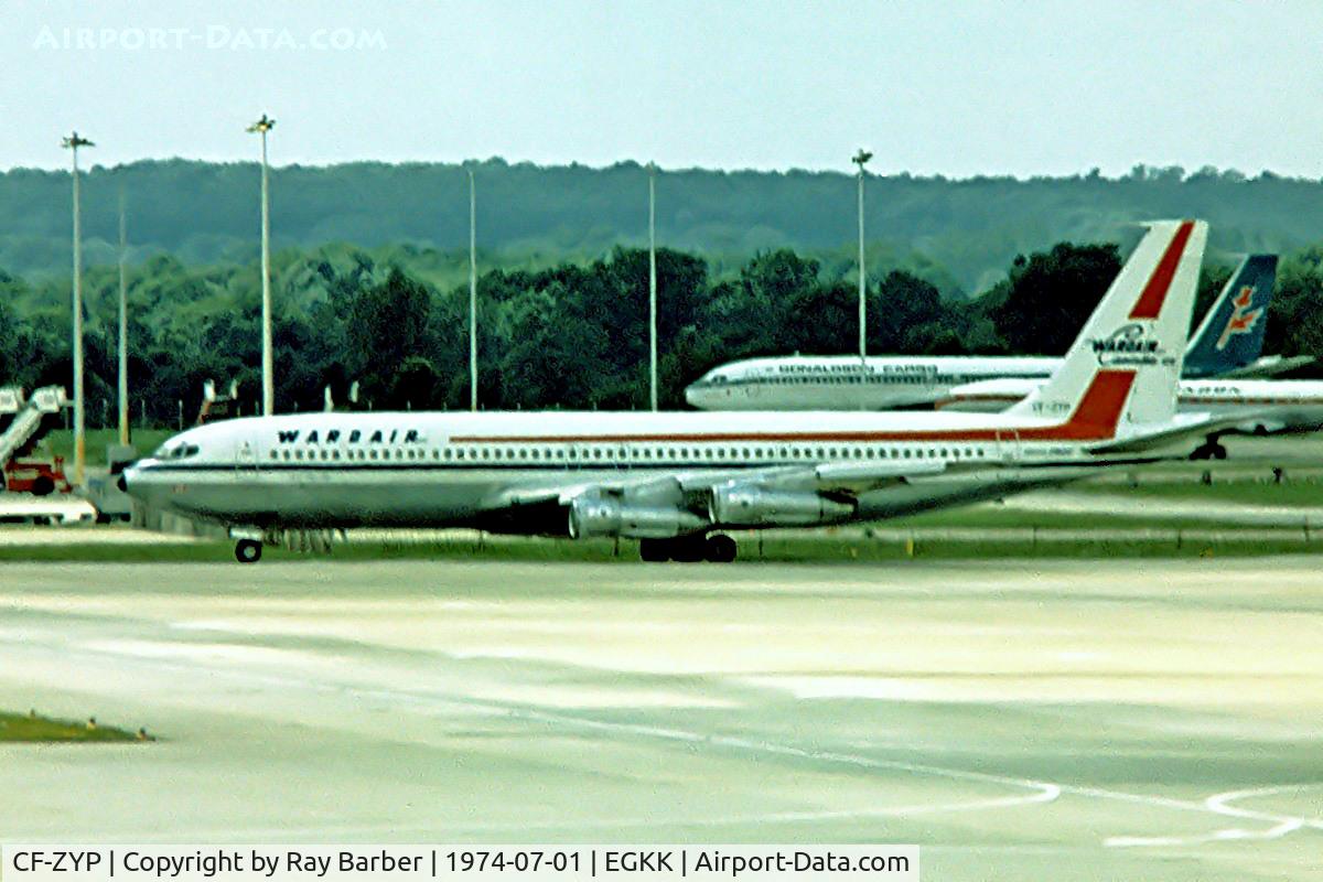 CF-ZYP, 1969 Boeing 707-396C C/N 20043, Boeing 707-396C [20043] (Wardair Canada) Gatwick~G 01/07/1974. Image taken from a slide.