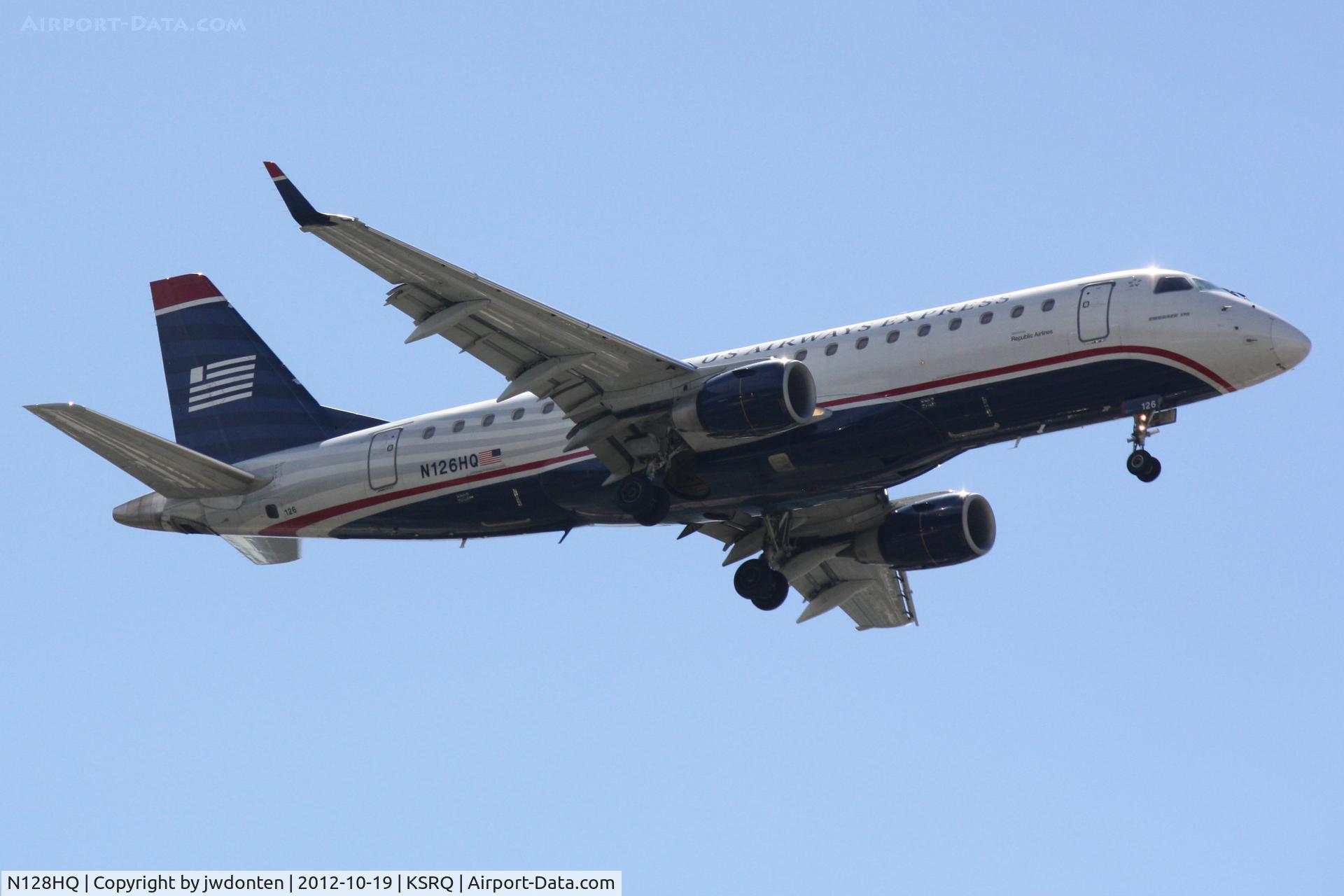 N128HQ, 2008 Embraer 175LR (ERJ-170-200LR) C/N 17000208, US Air Flight 3327 operated by Republic (N128HQ) on approach to Sarasota-Bradenton International Airport following a flight from Reagan National Airport