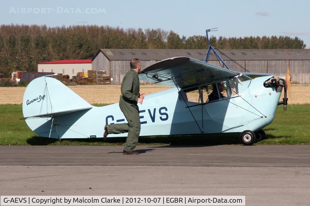 G-AEVS, 1937 Aeronca 100 C/N AB114, Aeronca 100. Hibernation Fly-In, The Real Aeroplane Club, Breighton Airfield, October 2012.