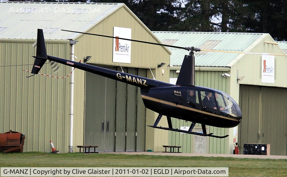 G-MANZ, 2008 Robinson R44 Raven II C/N 12319, Originally owned to, Meadow Helicopters Ltd in June 2008 and currently with, Steve Hill Ltd since April 2011.