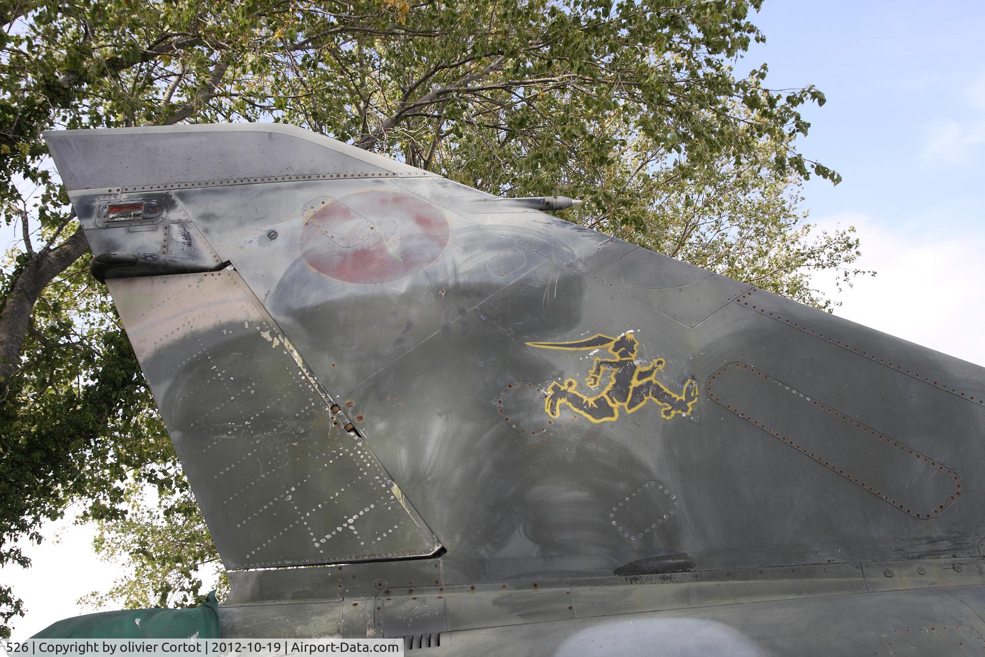 526, Dassault Mirage IIIE C/N 526, view on the tail insignas. 2 differents squadron at least in this aircraft history. Musée aéronautique d'Orange, France