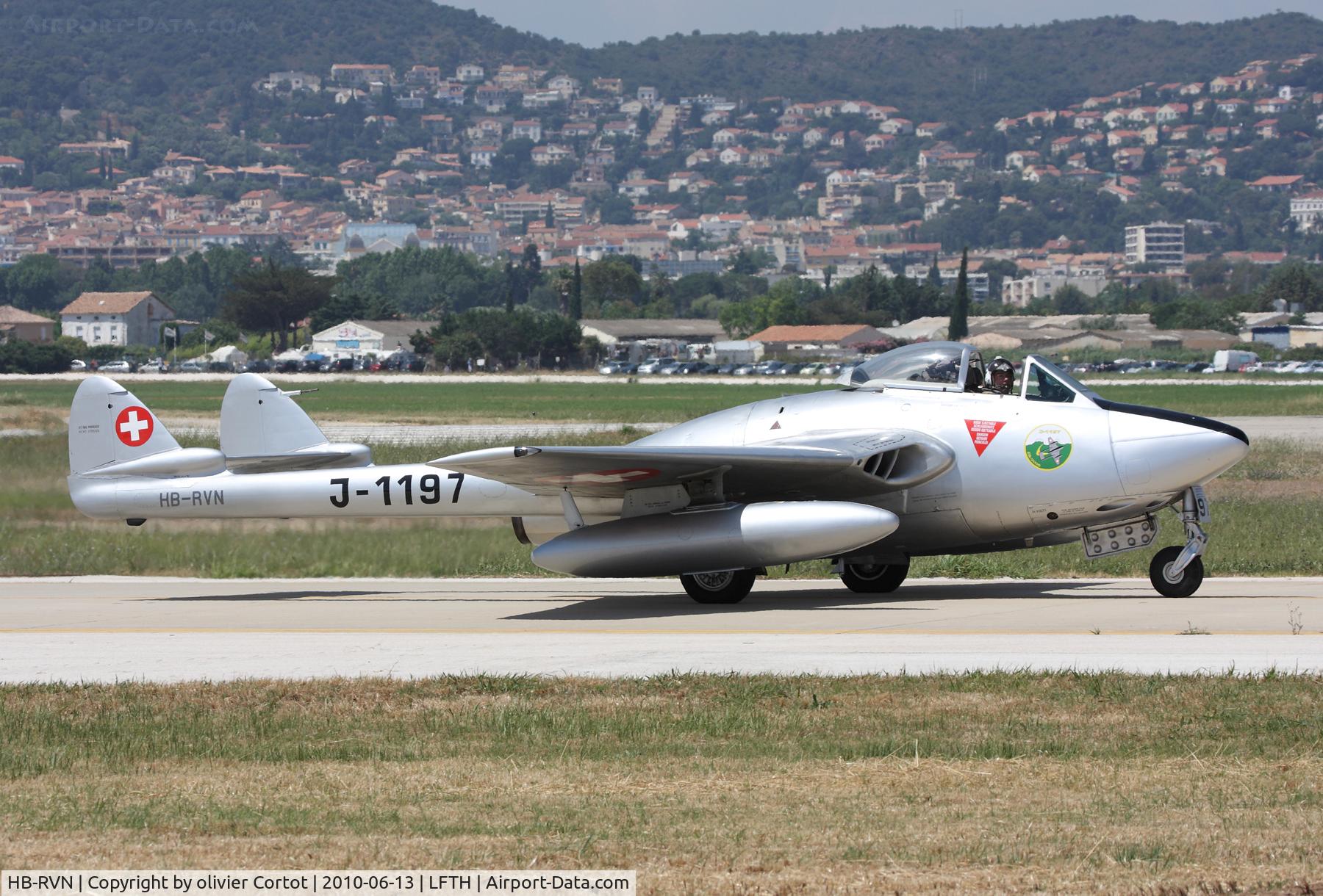 HB-RVN, 1952 De Havilland (FFA) Vampire FB.6 (DH-100) C/N 706, only 500 meters from the sea, Hyeres French navy airbase, 2010