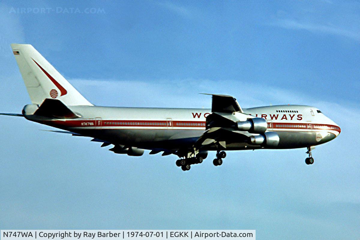 N747WA, 1973 Boeing 747-273C C/N 20651, Boeing 747-273C [20651] (World Airways) Gatwick~G 01/07/1974. Date approximate . Image taken from a slide.