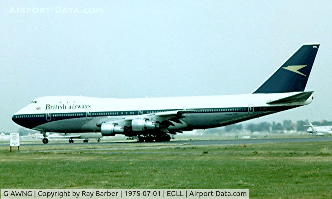 G-AWNG, 1971 Boeing 747-136 C/N 20269, Boeing 747-136 [20269] (British Airways) Heathrow~G 01/07/1975. Image taken from a slide.