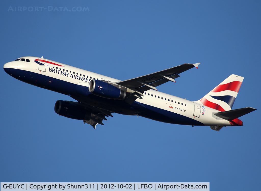 G-EUYC, 2008 Airbus A320-232 C/N 3721, Taking off from rwy 32R with additional Olympic Games stickers