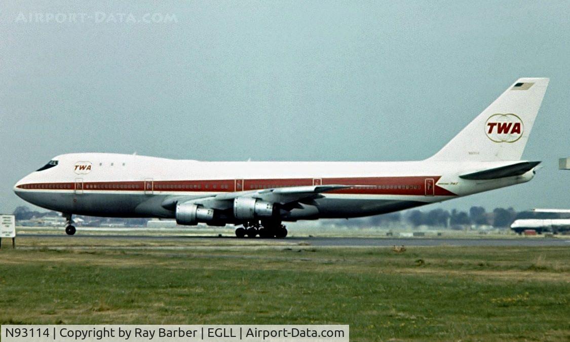 N93114, Boeing 747-131/SF C/N 20081, Boeing 747-131 [20081] (TWA) Heathrow~G 01/07/1975. Image taken from a slide.