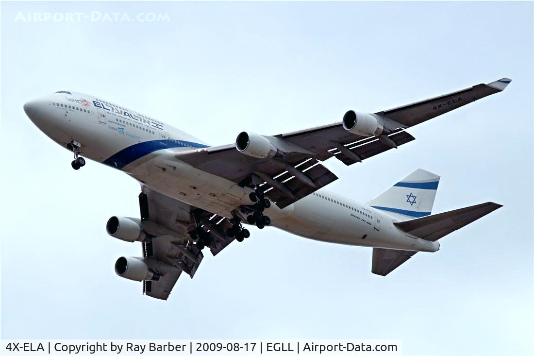 4X-ELA, 1994 Boeing 747-458 C/N 26055, Boeing 747-458 [26055] (El Al-Israel Airlines)  Home~G 17/08/2009. Anniversary markings below cockpit.