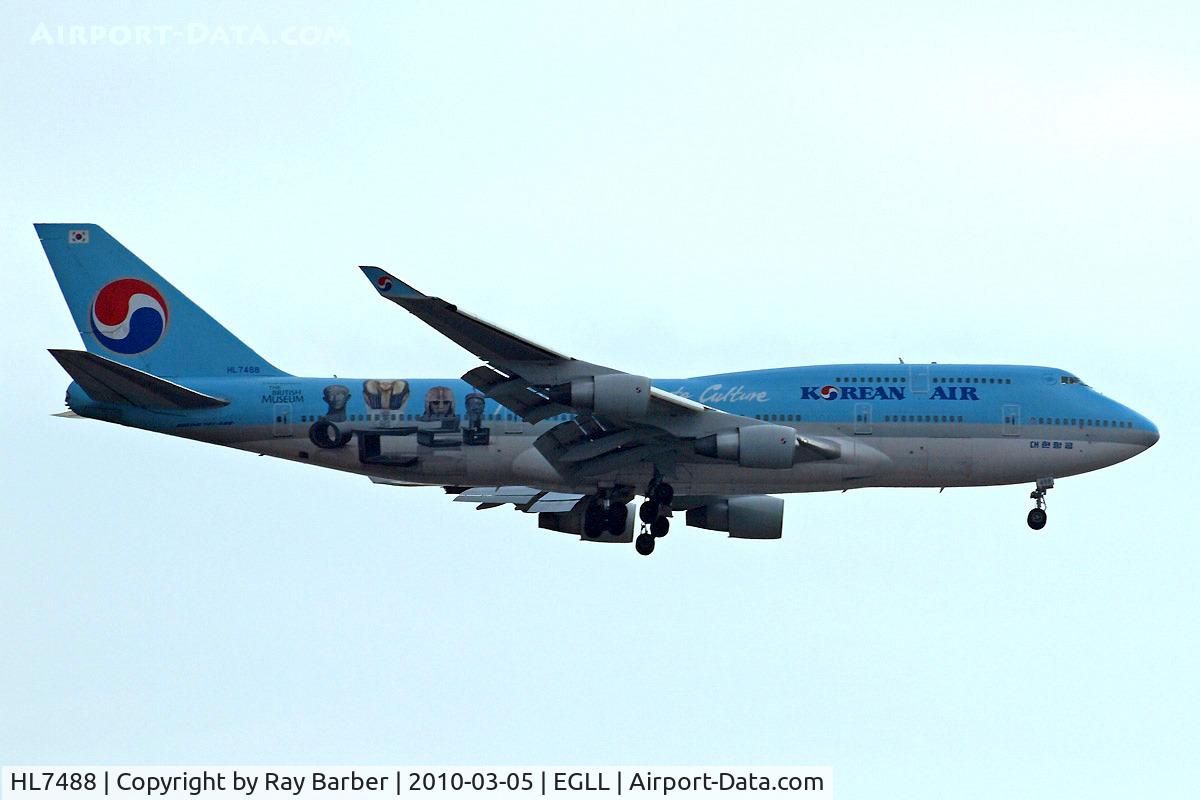 HL7488, Boeing 747-4B5 C/N 26394, Boeing 747-4B5 [26394] (Korean Air) Home~G 05/03/2010. On approach 27L in special scheme.