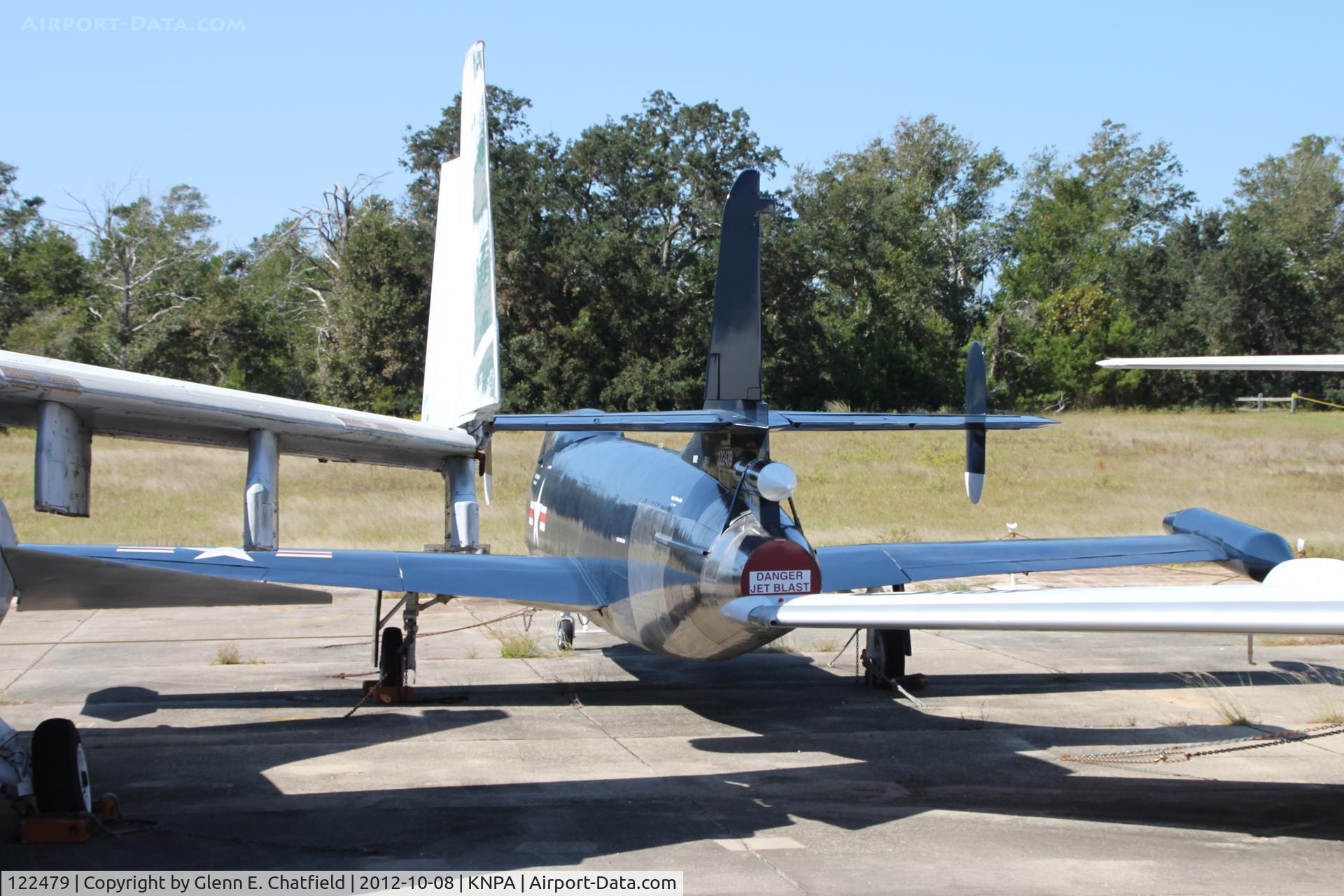 122479, 1949 Vought F6U-1 Pirate C/N 2, Naval Aviation Museum.  Riding on the tour bus, which did not go down the row in front of this aircraft, so this rear view is all I got.  It is the only surviving F6U, and was recently restored by retired Vought employees.
