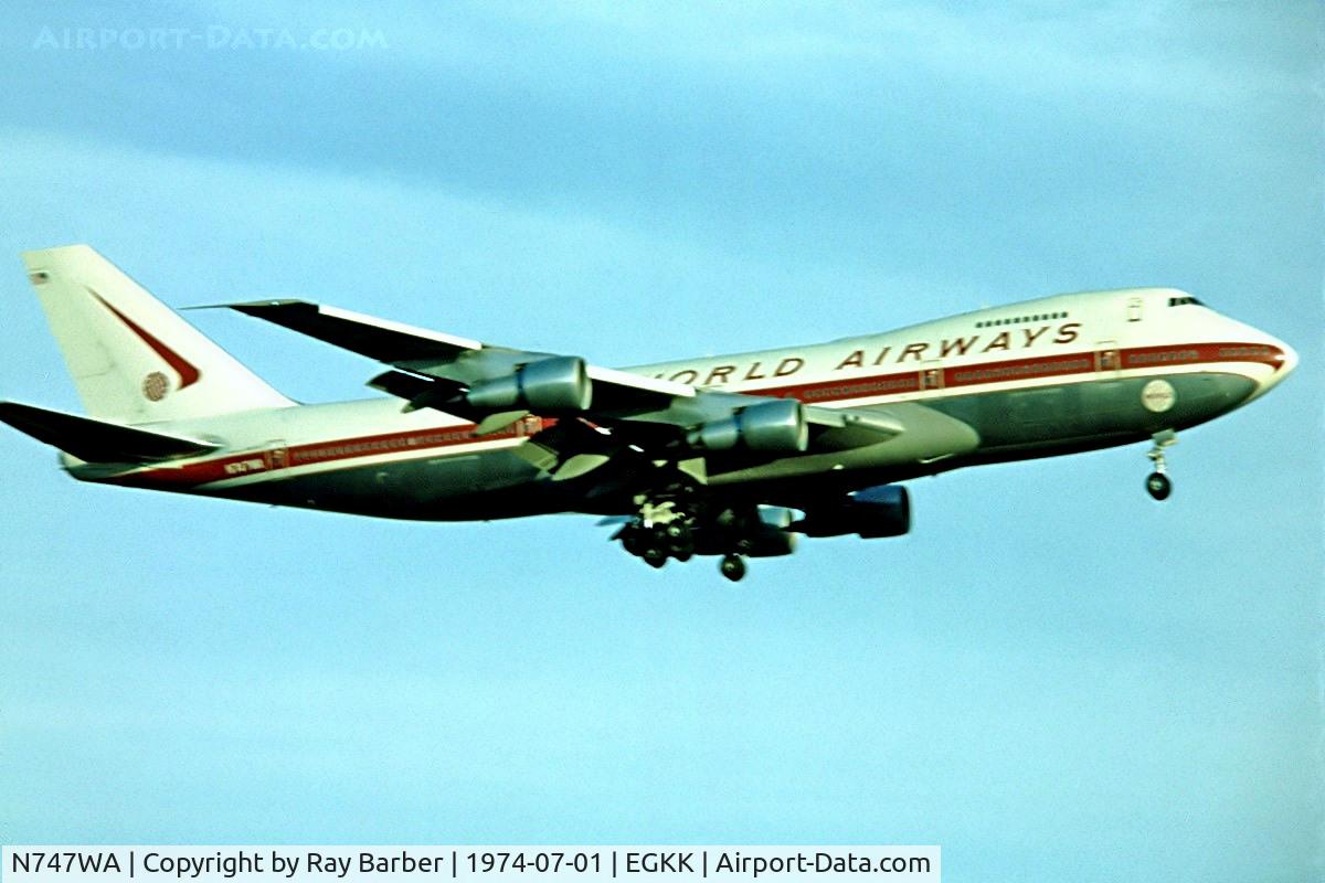 N747WA, 1973 Boeing 747-273C C/N 20651, Boeing 747-273C [20651] (World Airways) Gatwick~G 01/07/1974. Image taken from a slide.