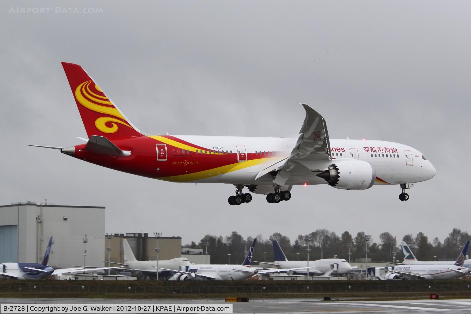B-2728, 2012 Boeing 787-8 Dreamliner C/N 34938, First Hainan Airlines 787-8 Dreamliner seen in landing flare after a pre-delivery test flight.