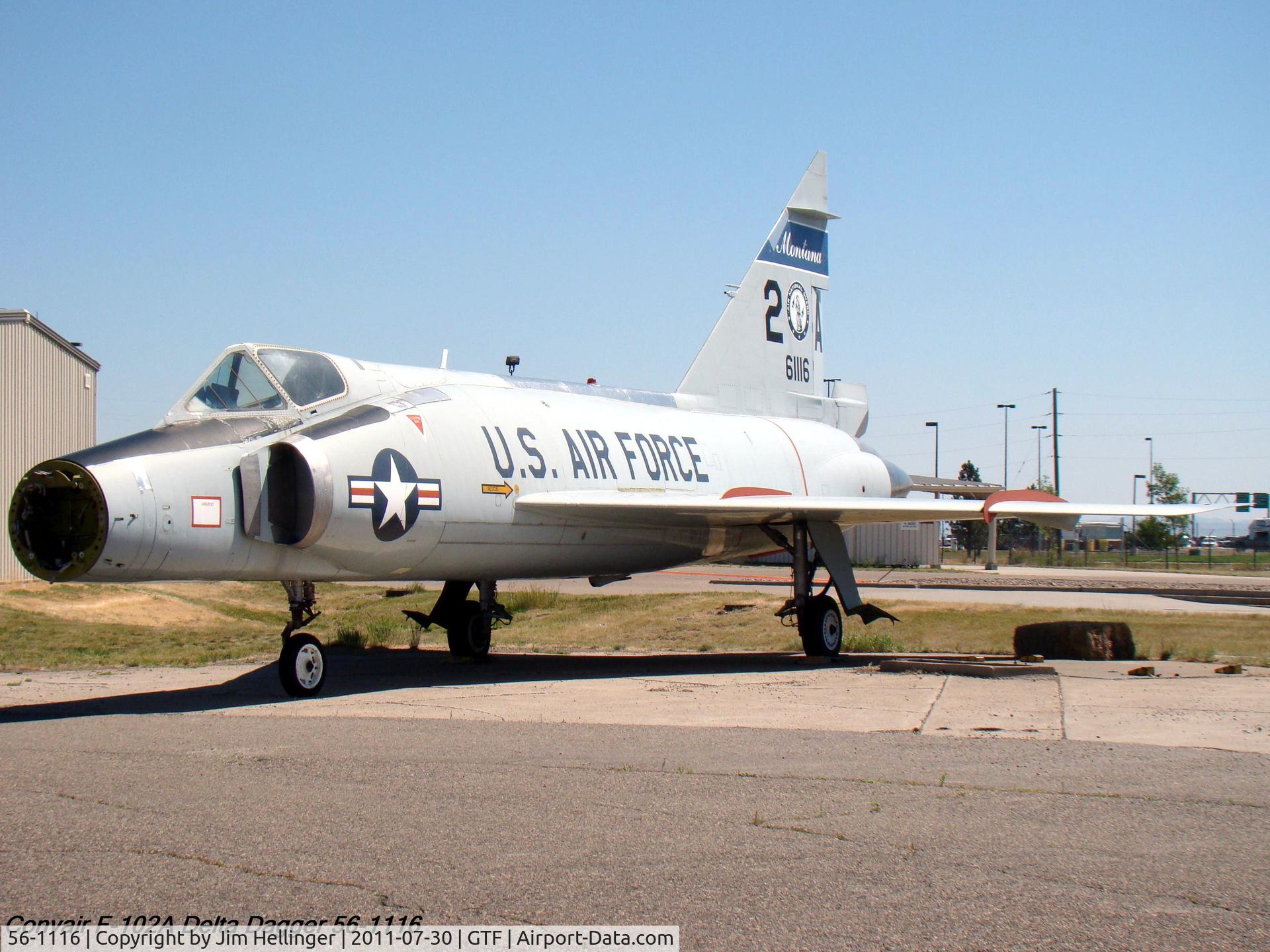 56-1116, 1956 Convair F-102A Delta Dagger C/N 8-10-333, 56-1116 was on display near the airport entrance, but was moved into the MT. ANG compound. Still there as of October 2012.