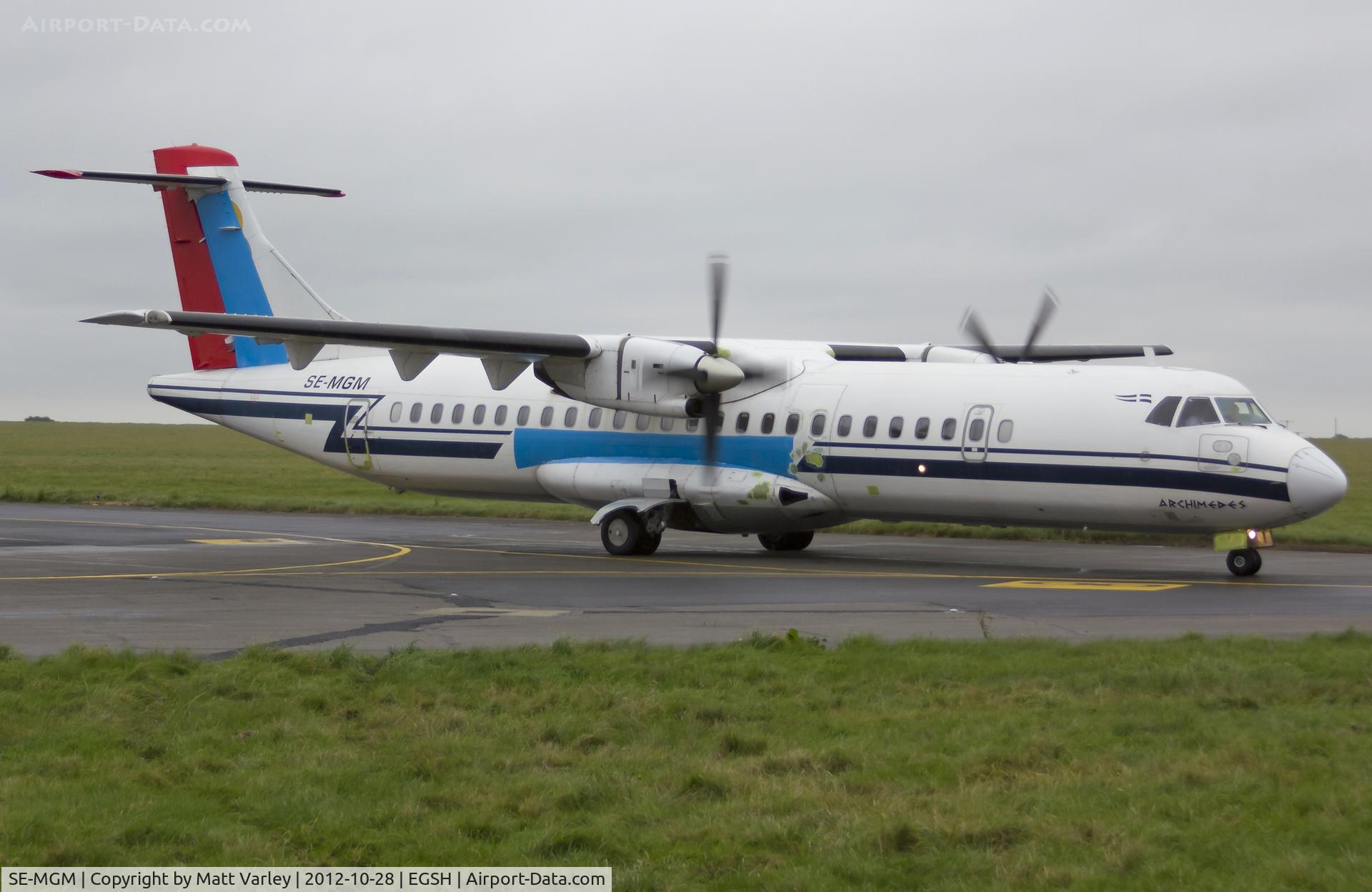 SE-MGM, 1993 ATR 72-202 C/N 350, Arriving at EGSH for spray by Air livery.
