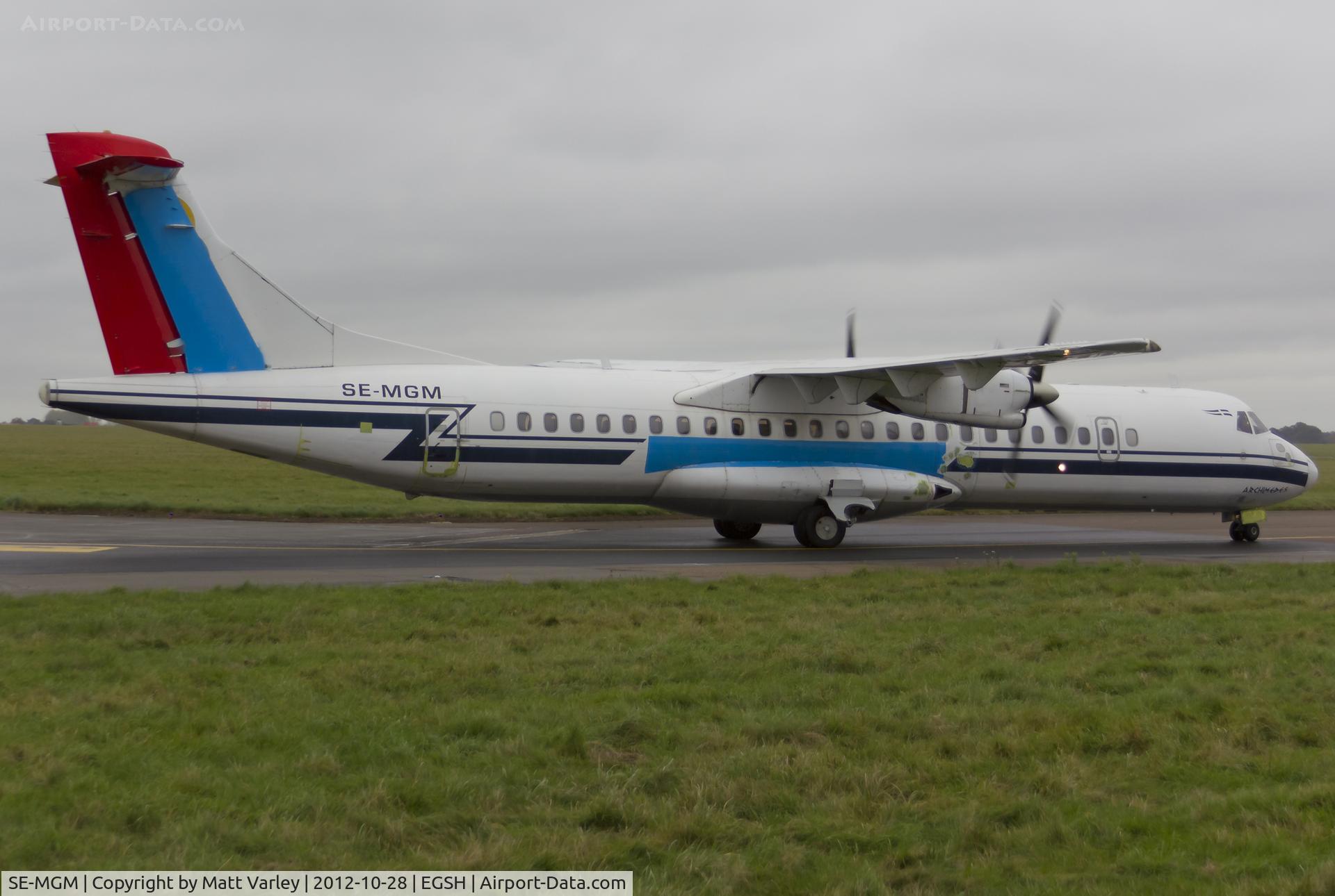 SE-MGM, 1993 ATR 72-202 C/N 350, Arriving at EGSH for spray by Air livery.