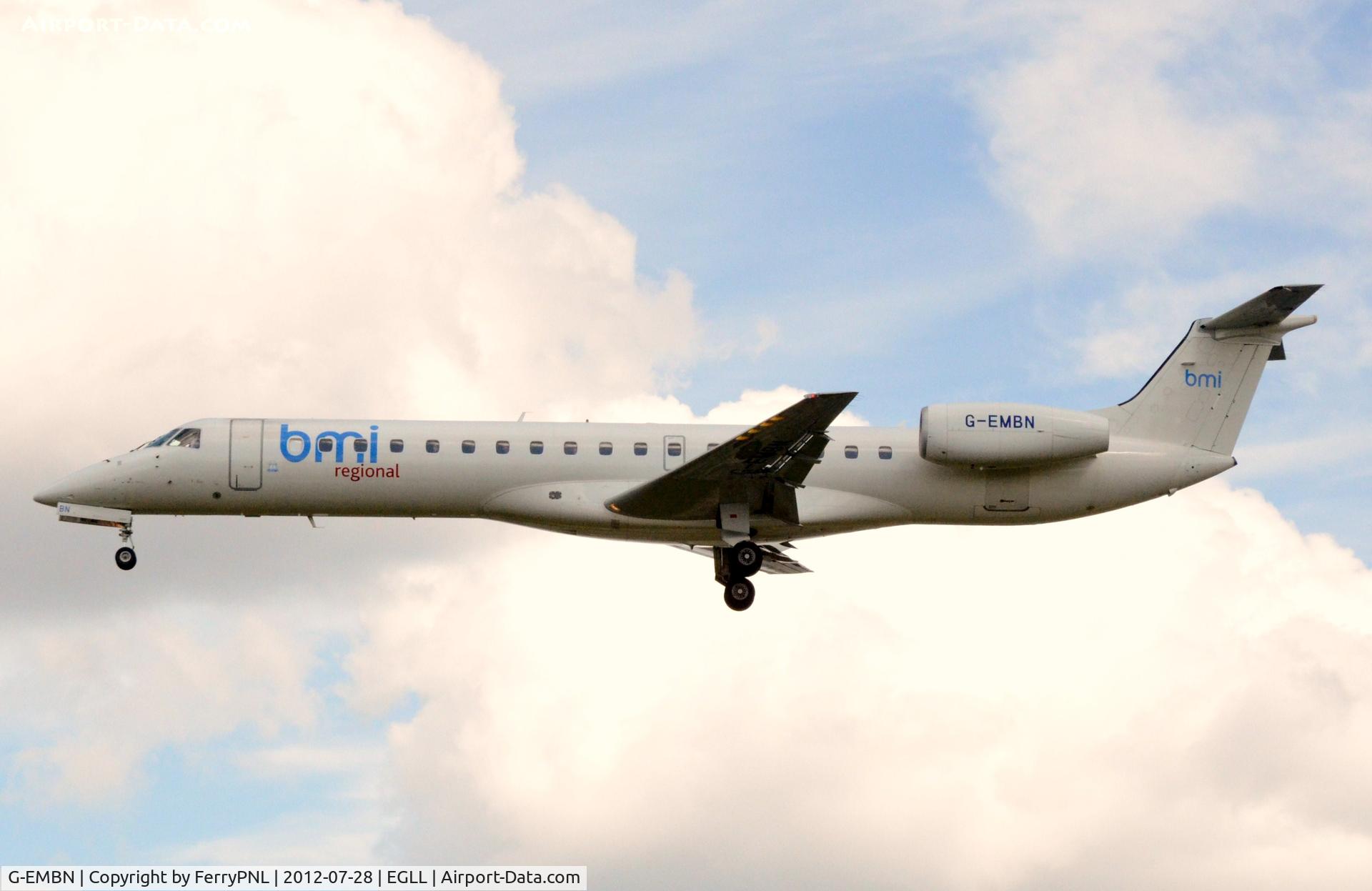 G-EMBN, 2000 Embraer EMB-145EP (ERJ-145EP) C/N 145201, Landing during its last months of operation for BMI at LHR.