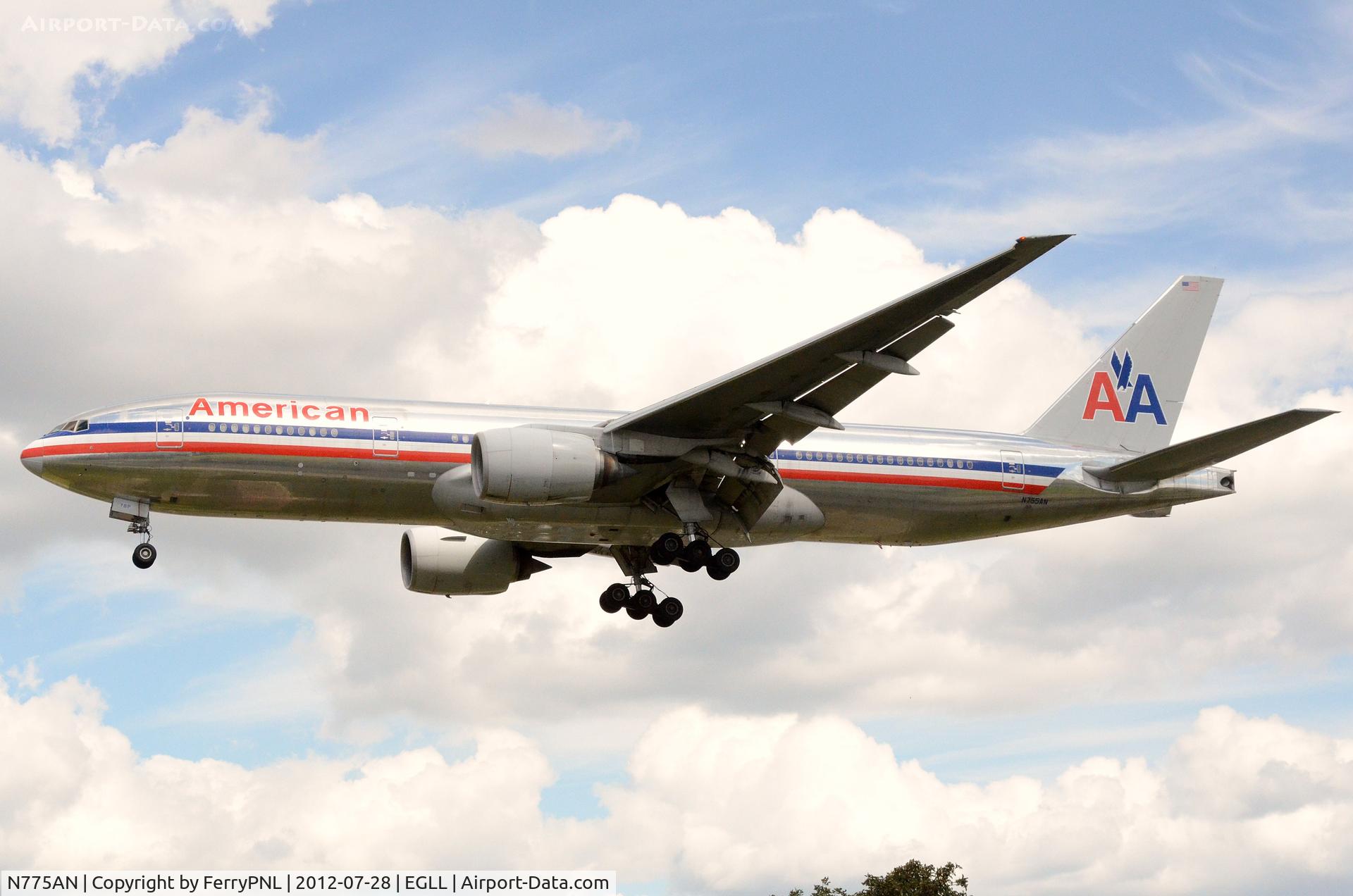 N775AN, 1999 Boeing 777-223 C/N 29584, Arriving at LHR after transatlantic flight.