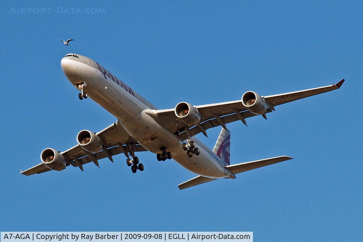 A7-AGA, 2006 Airbus A340-642 C/N 740, Airbus A340-642 [740] (Qatar Airways) Home~G 08/09/2009. The seagull is outpacing the aircraft.