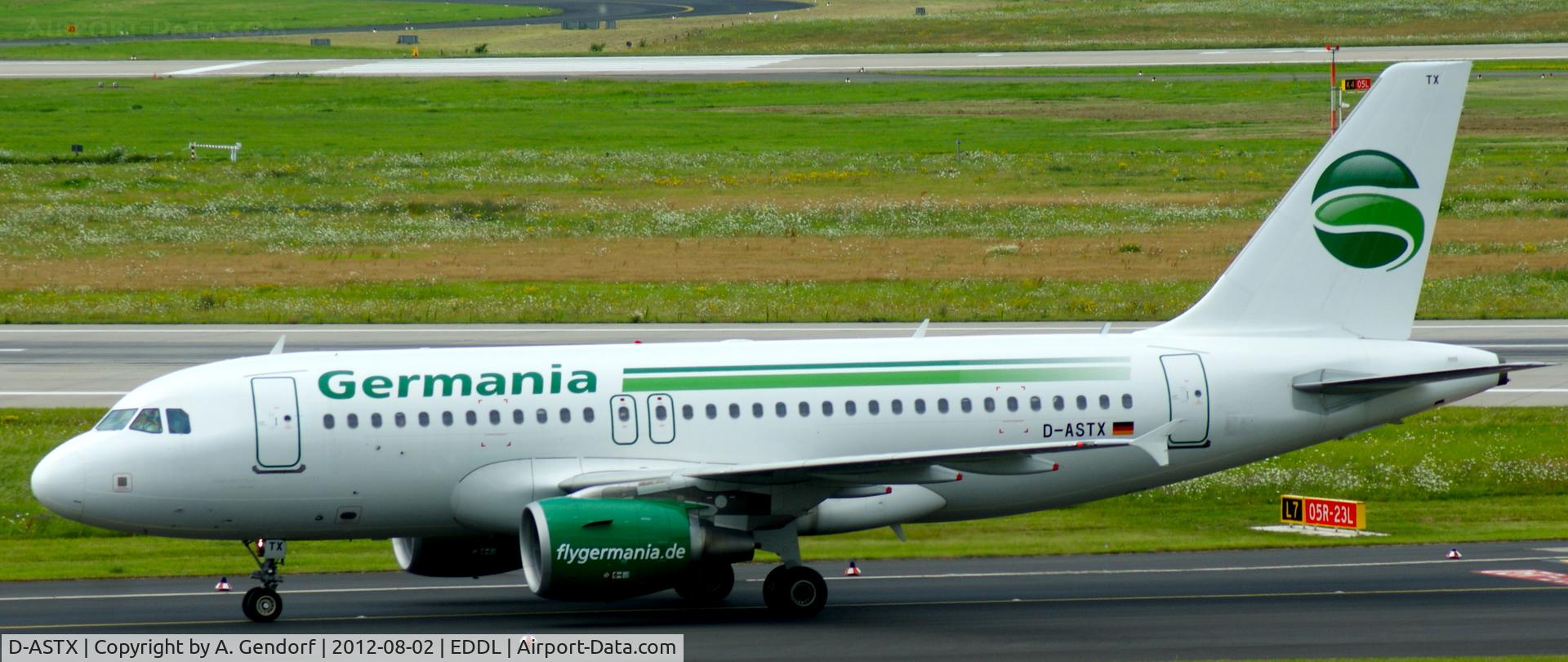 D-ASTX, 2007 Airbus A319-111 C/N 3202, Germania, on the taxiway at Düsseldorf Int´l (EDDL)