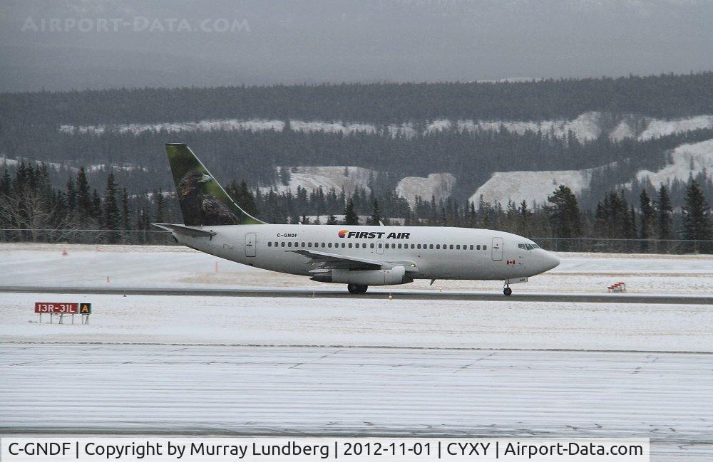 C-GNDF, 1987 Boeing 737-25A C/N 23790, On takeoff run at Whitehorse, shortly after arriving on a charter.