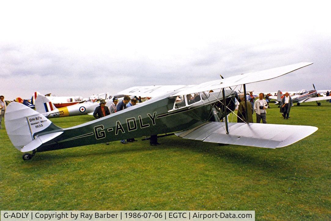 G-ADLY, 1935 De Havilland DH.87B Hornet Moth C/N 8020, De Havilland DH.87B Hornet Moth [8020] Cranfield 06/07/1986. Image taken from a slide.