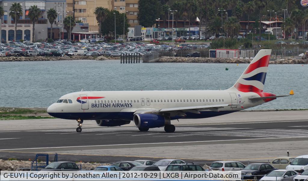 G-EUYI, 2010 Airbus A320-232 C/N 4306, British Airways A320 heading for the end of the runway at Gibraltar.