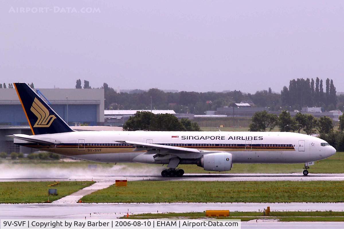 9V-SVF, 2001 Boeing 777-212/ER C/N 30871, Boeing 777-212ER [30871] (Singapore Airlines) Amsterdam-Schiphol~PH 10/08/2006 . Seen departing during a rain storm.
