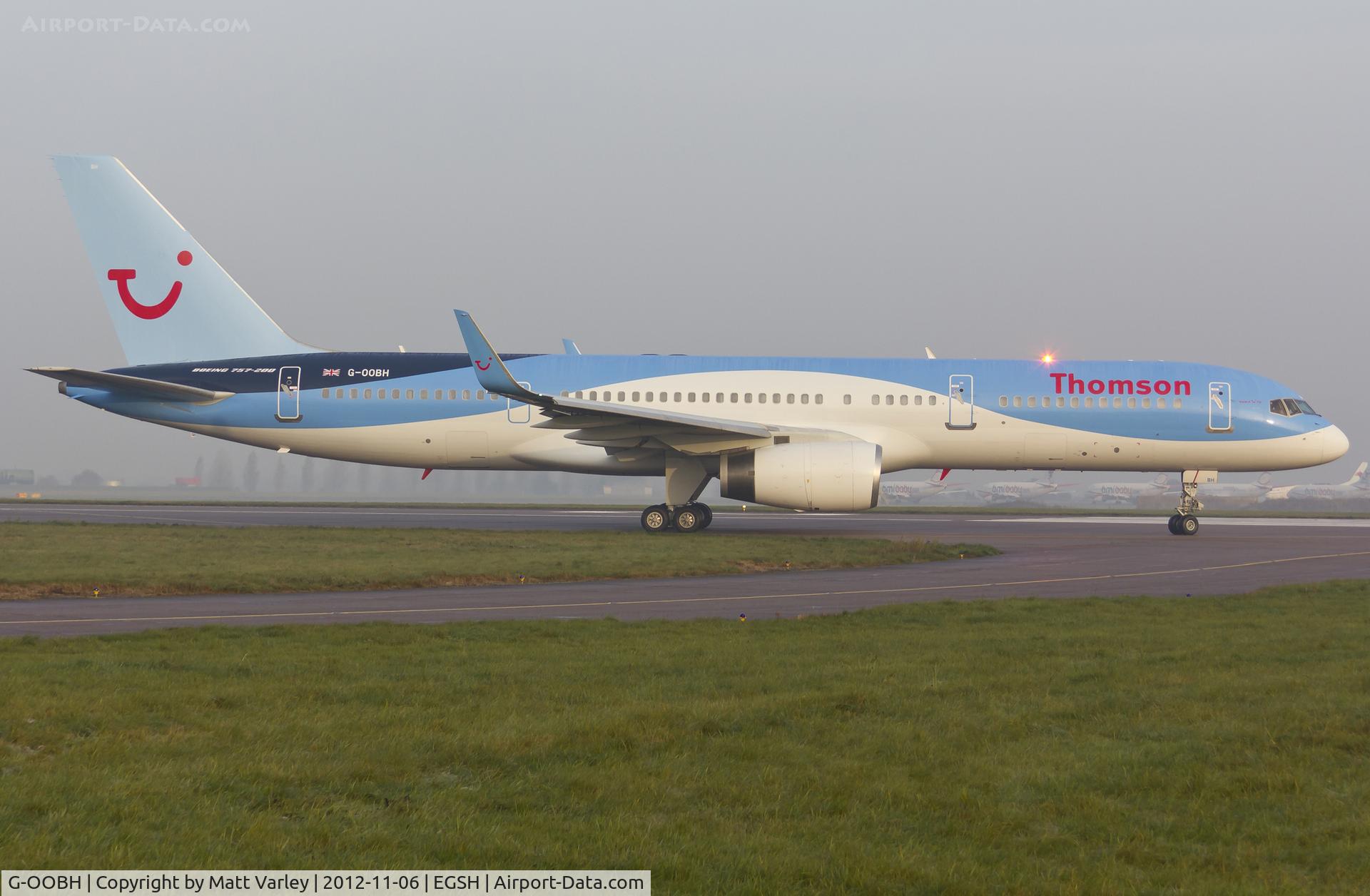 G-OOBH, 1999 Boeing 757-236 C/N 29944, Departing EGSH in the early morning mist after spray into Dreamliner livery.
