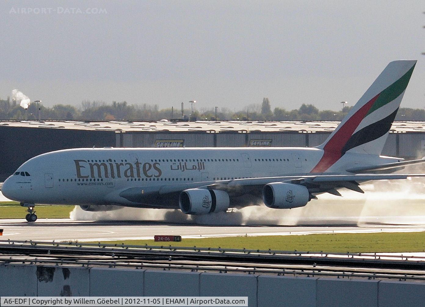 A6-EDF, 2006 Airbus A380-861 C/N 007, Landing on a wet runway 06 of Schiphol Airport.
