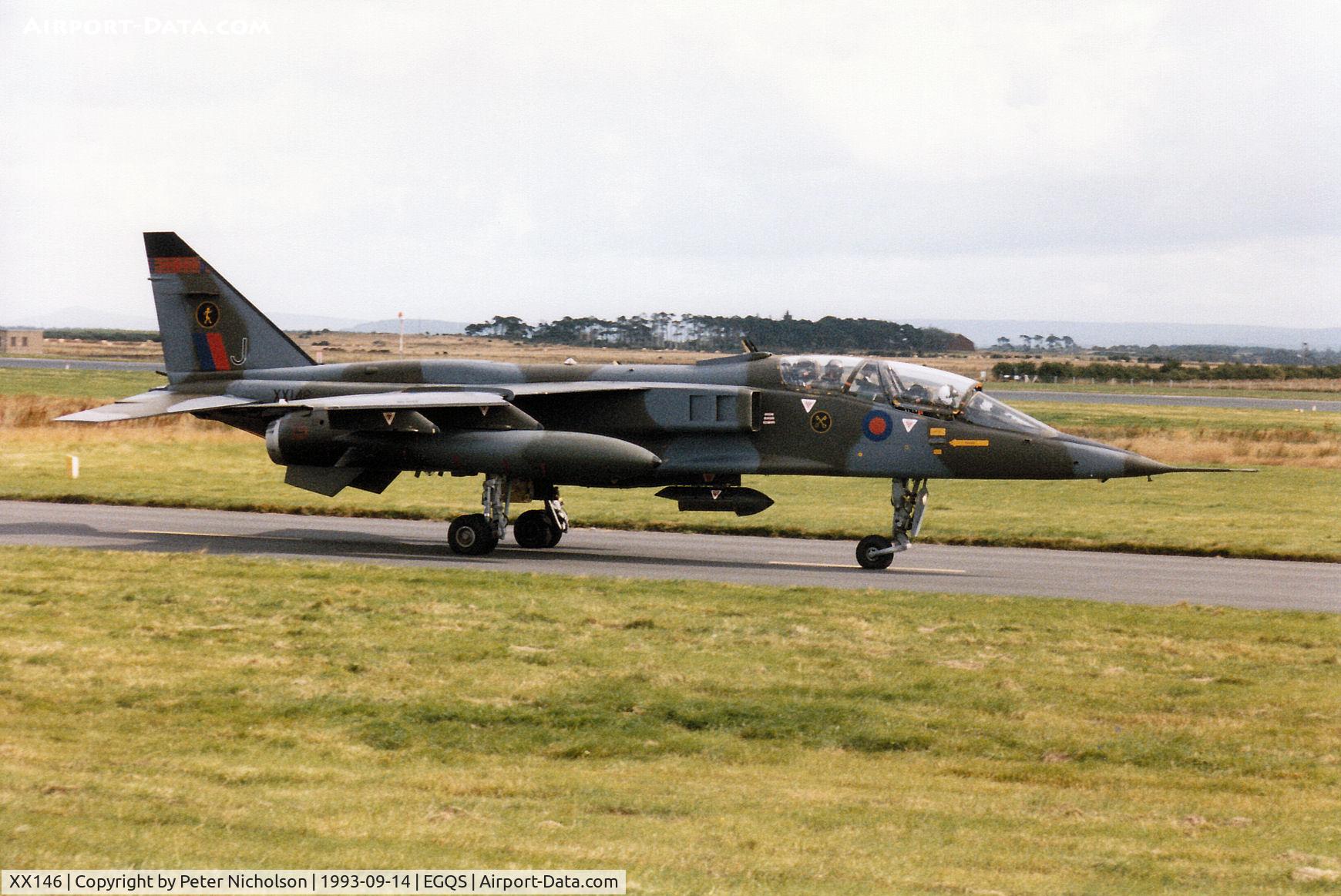 XX146, 1974 Sepecat Jaguar T.2A C/N B.11, Jaguar T.2A of 16 [Reserve] Squadron taxying to Runway 05 at RAF Lossiemouth in September 1993.