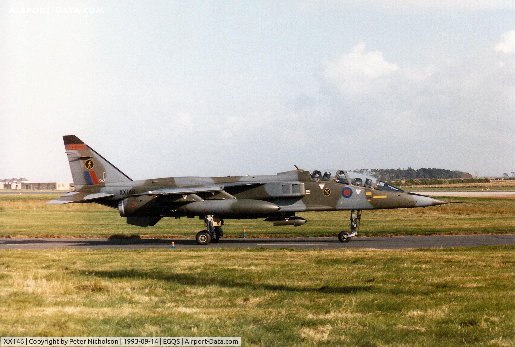 XX146, 1974 Sepecat Jaguar T.2A C/N B.11, Another view of the 16 [Reserve] Squadron Jaguar taxying to the active runway at RAF Lossiemouth in September 1993.