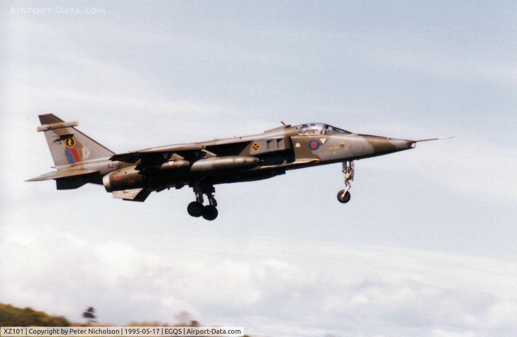 XZ101, 1976 Sepecat Jaguar GR.1A C/N S.102, Jaguar GR.1A of 16 [Reserve] Squadron on final approach to Runway 05 at RAF Lossiemouth in the Summer of 1995.