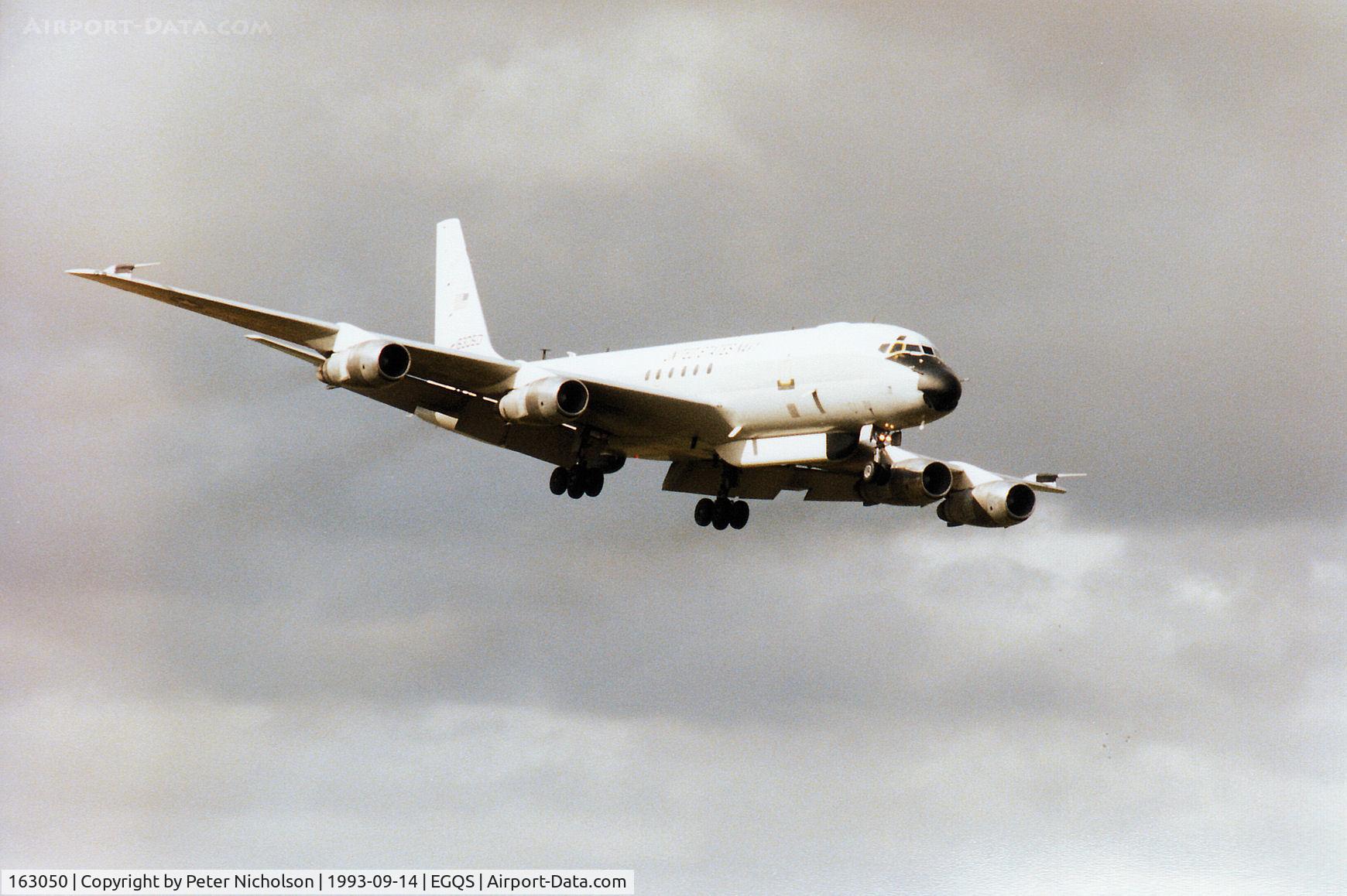 163050, 1966 McDonnell Douglas EC-24A (DC-8-54F) C/N 45881, United States Navy EC-24A turning onto final approach to Runway 05 at RAF Lossiemouth in September 1993 after an Exercise Solid Stance mission.