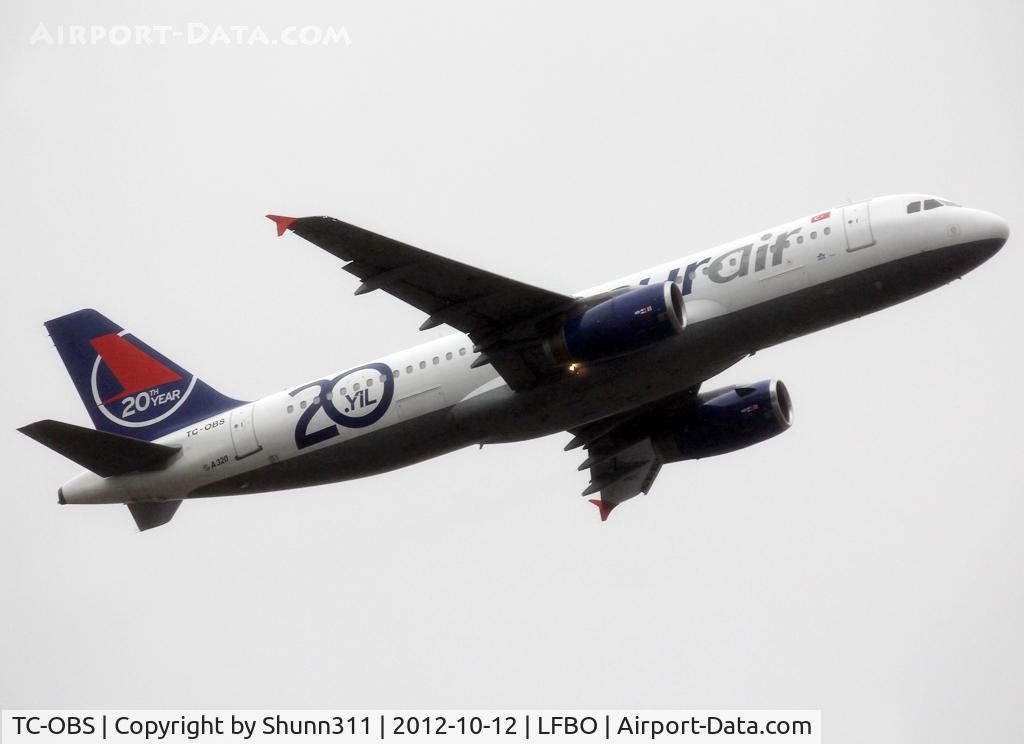 TC-OBS, 1997 Airbus A320-232 C/N 543, Taking off from rwy 32R... '20th anniversary' titles