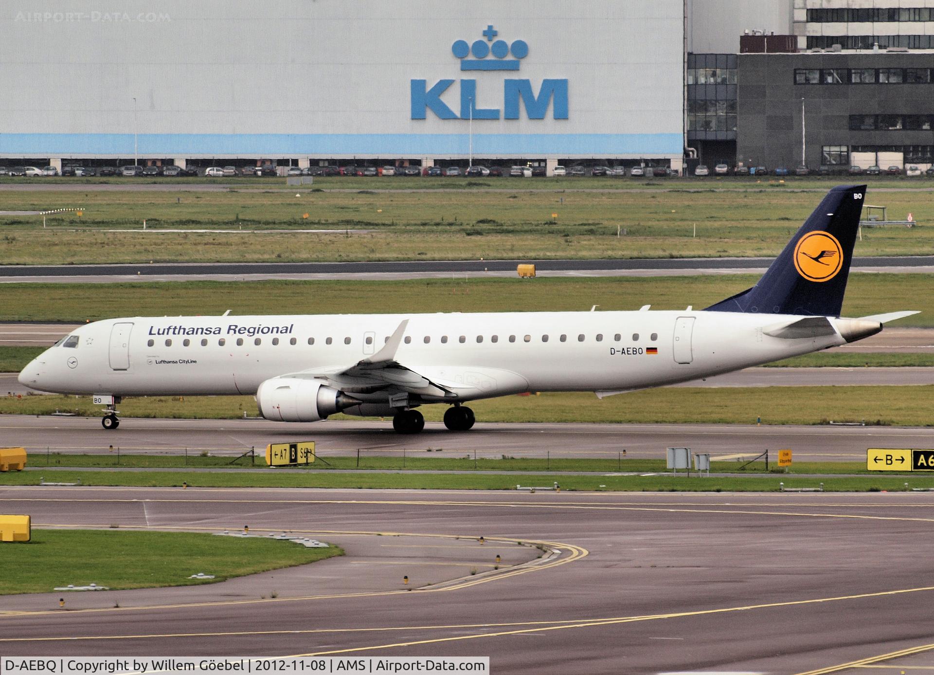 D-AEBQ, 2012 Embraer 195LR (ERJ-190-200LR) C/N 19000555, Taxi to runway L18 of Schiphol Airport