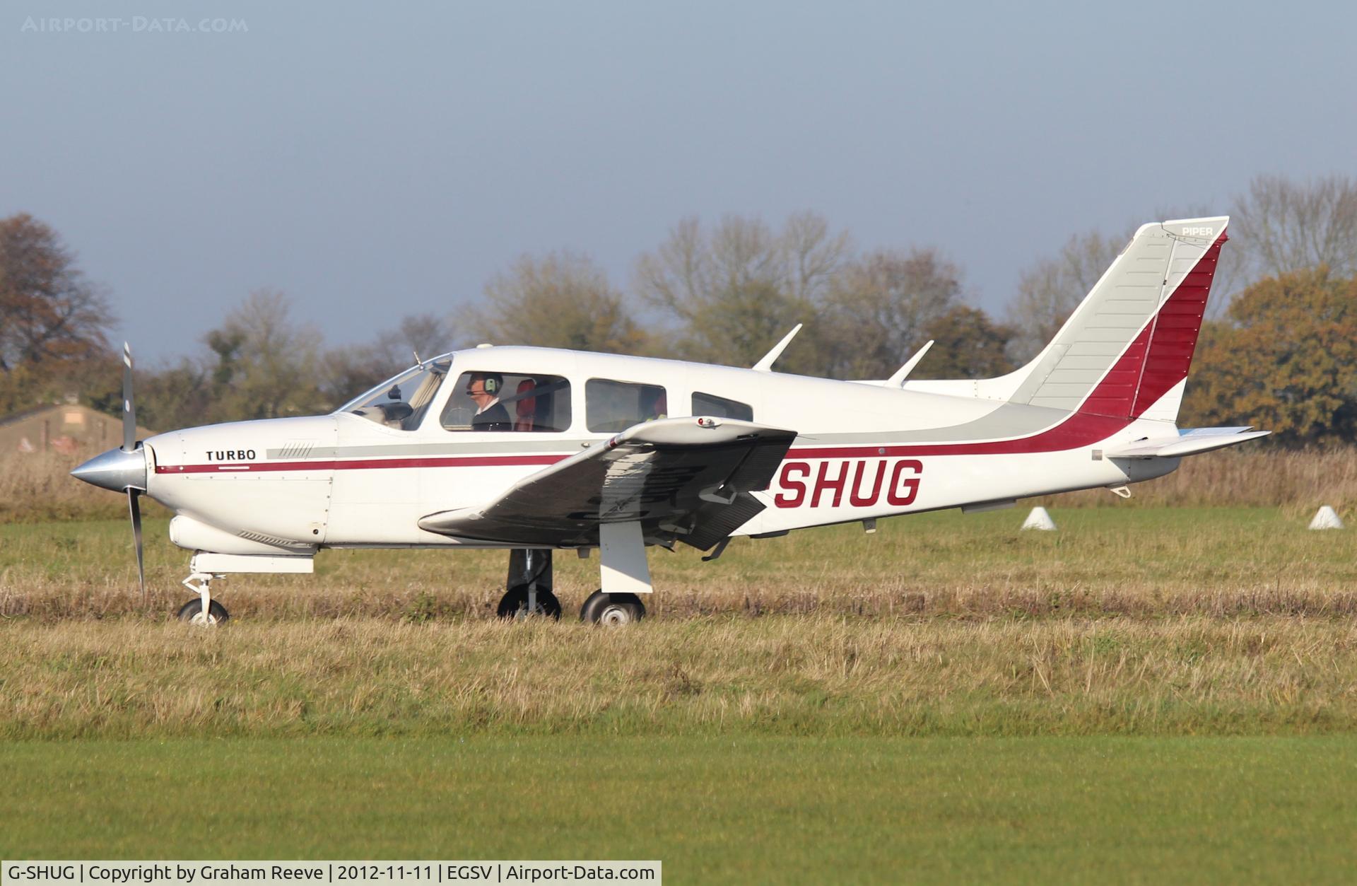 G-SHUG, 1977 Piper PA-28R-201T Cherokee Arrow III C/N 28R-7703048, Just landed.