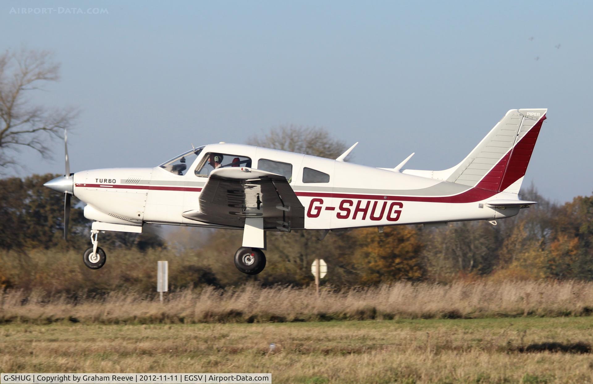 G-SHUG, 1977 Piper PA-28R-201T Cherokee Arrow III C/N 28R-7703048, Just airbourne.