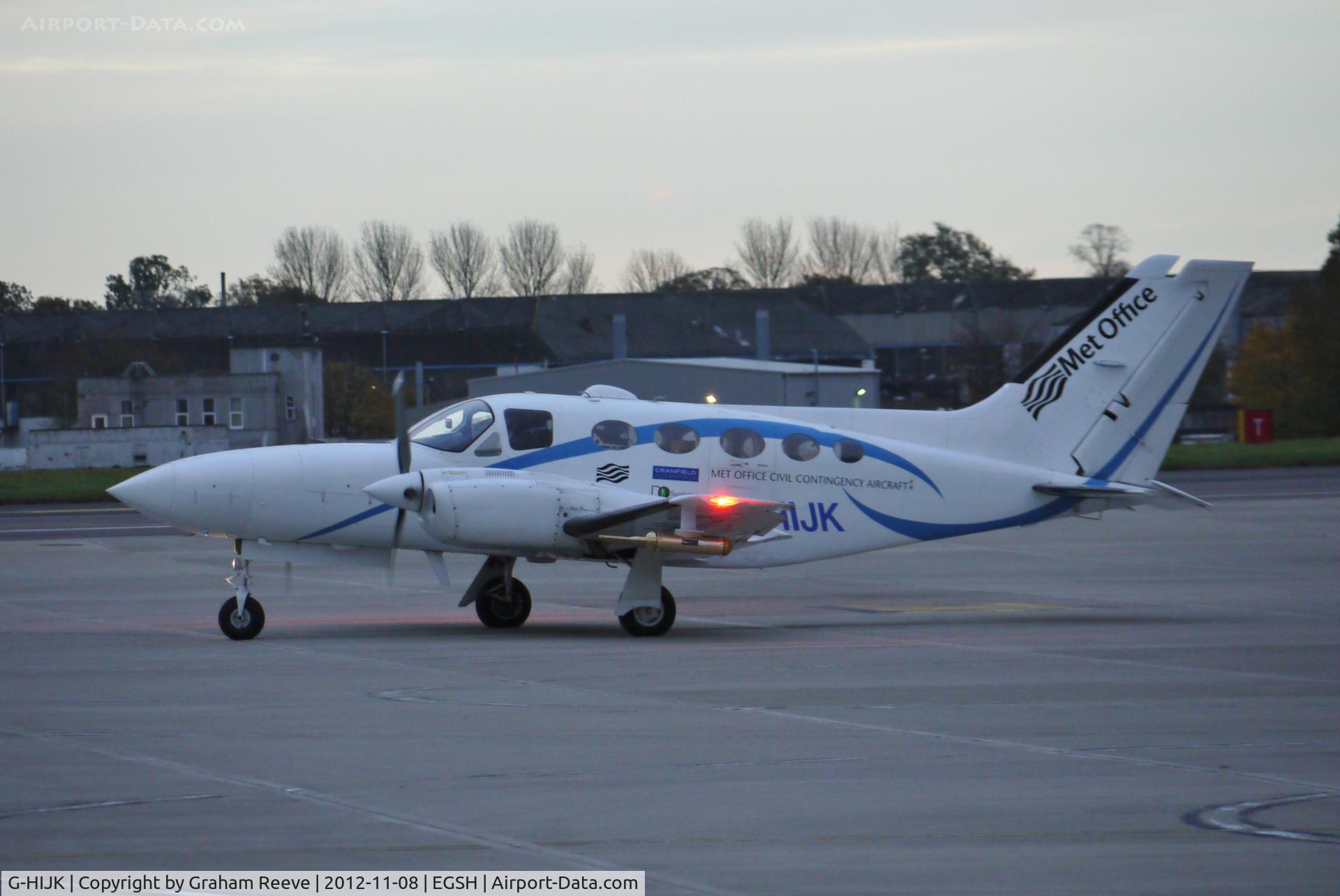 G-HIJK, 1977 Cessna 421C Golden Eagle C/N 421C-0218, Met Office Civil Contingency Aircraft leaves Norwich late in the afternoon.