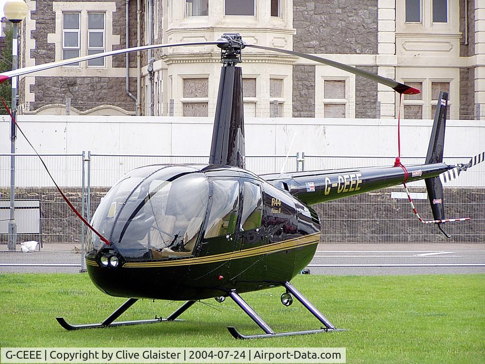 G-CEEE, 2002 Robinson R44 Raven II C/N 10005, Originally owned to, Heli Air Ltd in November 2002 and currently in private hands since May 2004. Photo taken in Weston-super-Mare sea-front.