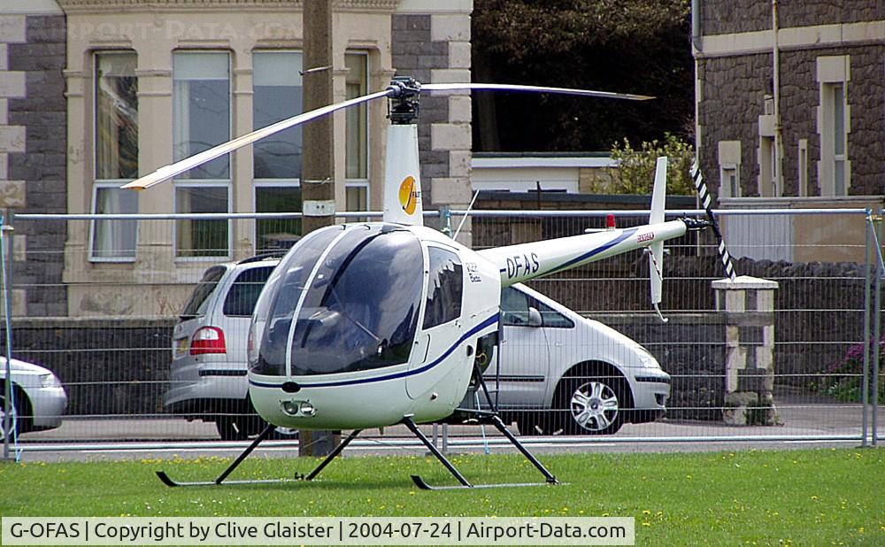 G-OFAS, 1986 Robinson R22 Beta C/N 0559, Originally owned to and currently trading as, Findon Air Services in June 1986. Photo taken in Weston-super-Mare sea-front.