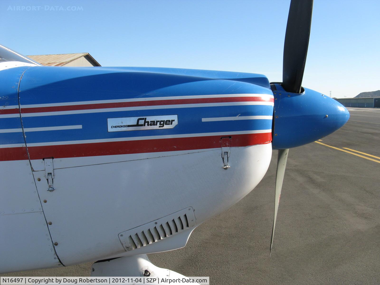 N16497, 1973 Piper PA-28-235 Cherokee Charger C/N 28-7310101, 1973 Piper PA-28-235 CHEROKEE CHARGER, Lycoming O-540-D4B5 235 Hp, cowl logo