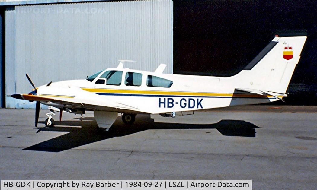 HB-GDK, 1968 Beech D55 Baron C/N TE-576, Beech 95-D55 Baron [TE-576] Locarno~HB 27/09/1984. This was registered in the principality of Liechenstein note flag on the tail.