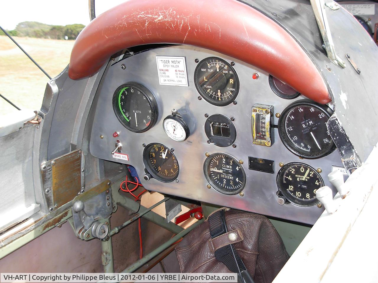 VH-ART, 1941 De Havilland Australia DH-82A Tiger Moth C/N DHA592, A look at the interior. Some basic flight references on the dashboard.
