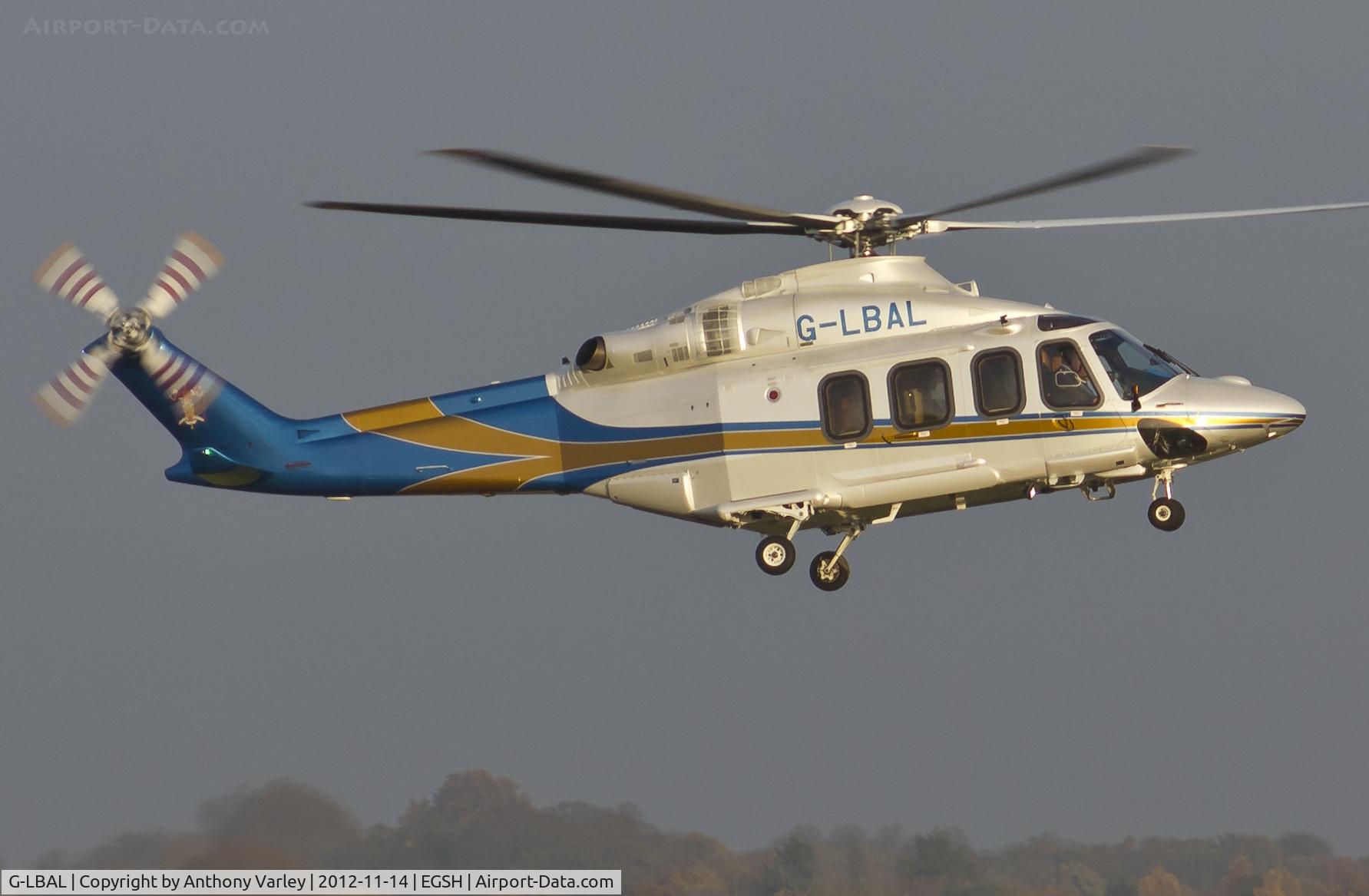 G-LBAL, 2012 AgustaWestland AW-139 C/N 31421, Arriving at EGSH in the afternoon sun.