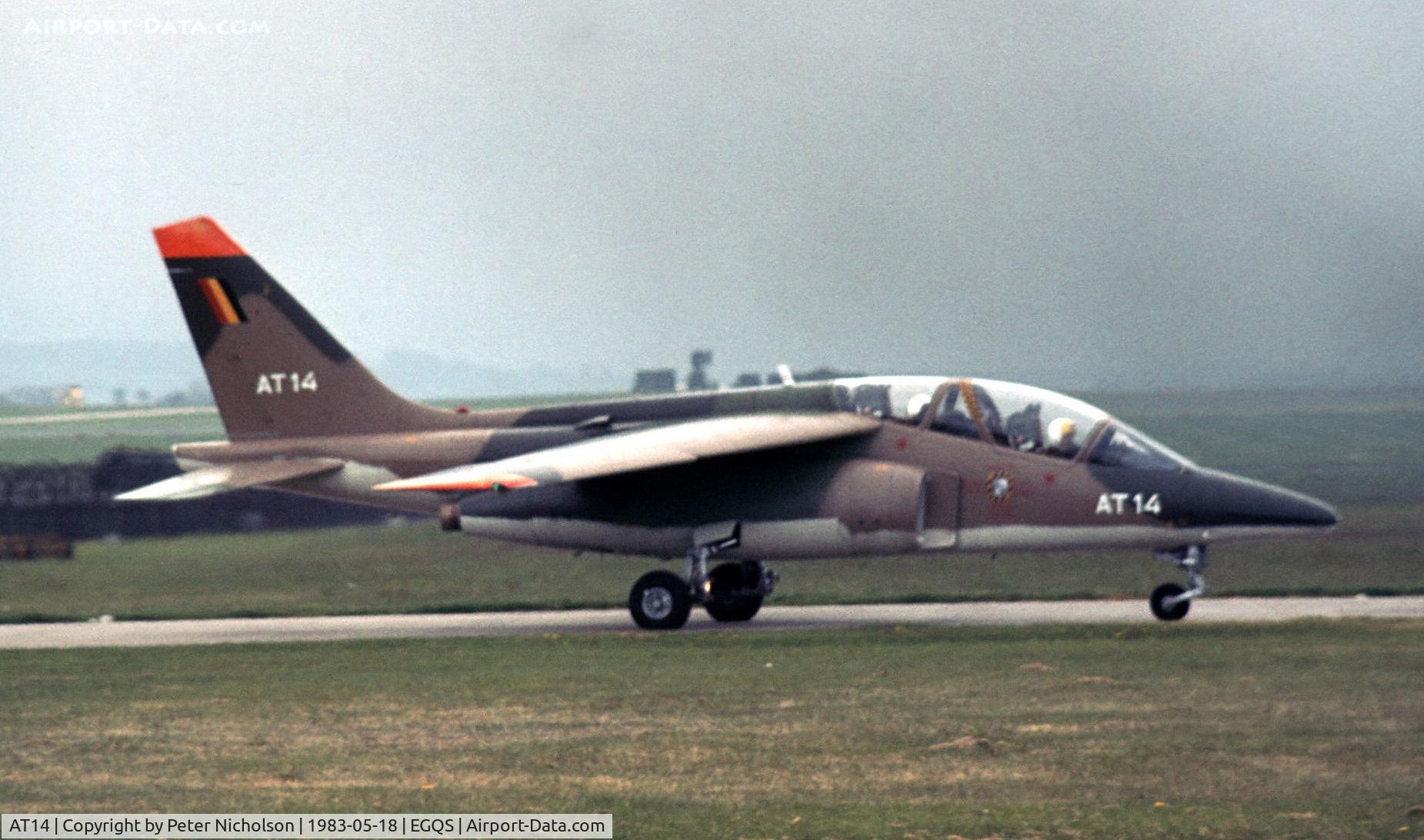 AT14, Dassault-Dornier Alpha Jet 1B C/N B14/1043, Belgian Air Force Advanced Flying School Alpha Jet taxying to Runway 23 at RAF Lossiemouth in the Summer of 1983