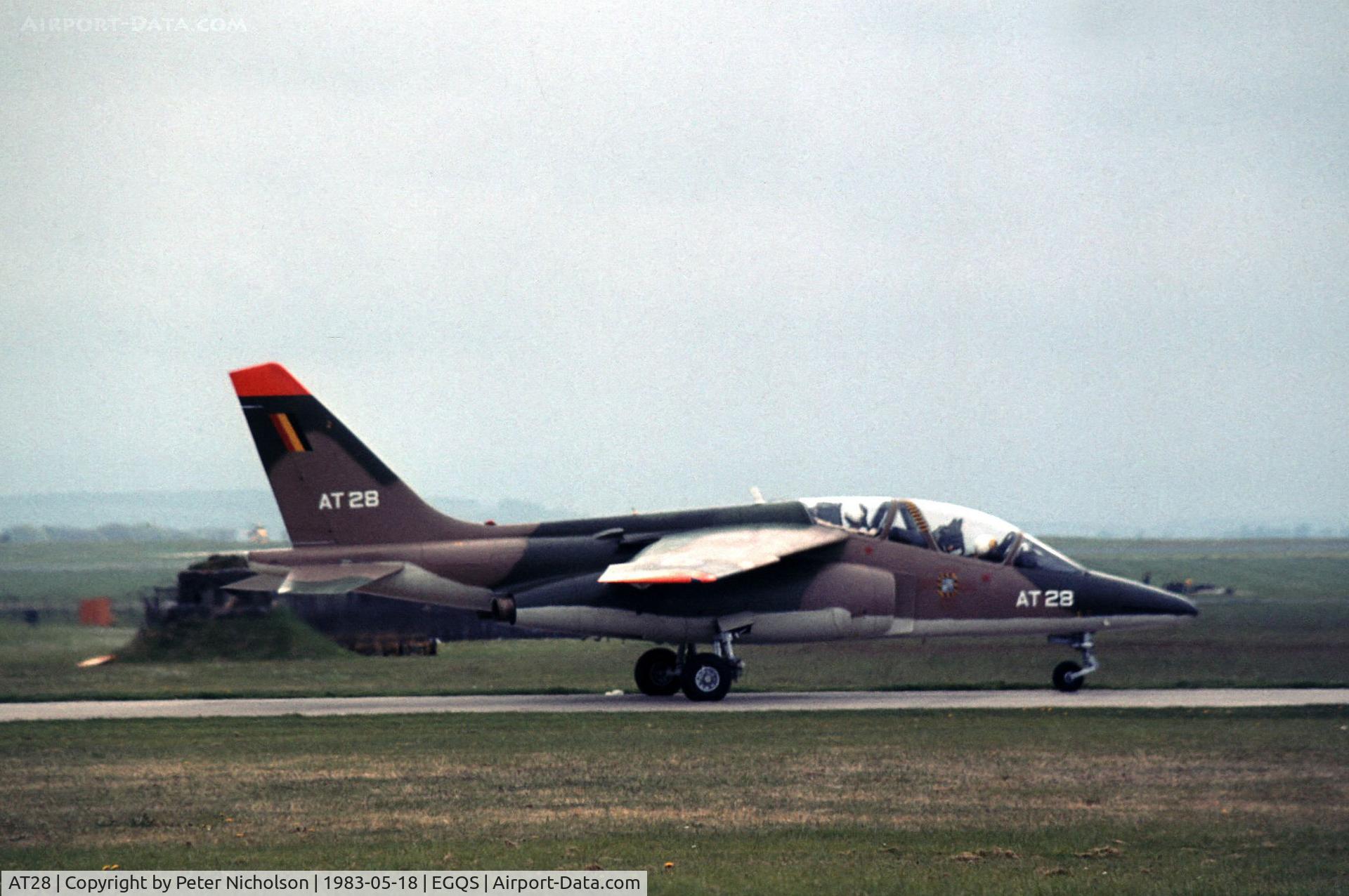 AT28, Dassault-Dornier Alpha Jet 1B C/N B28/1131, Belgian Air Force Advanced Flying School Alpha Jet taxying to Runway 23 at RAF Lossiemouth in the Summer of 1983.