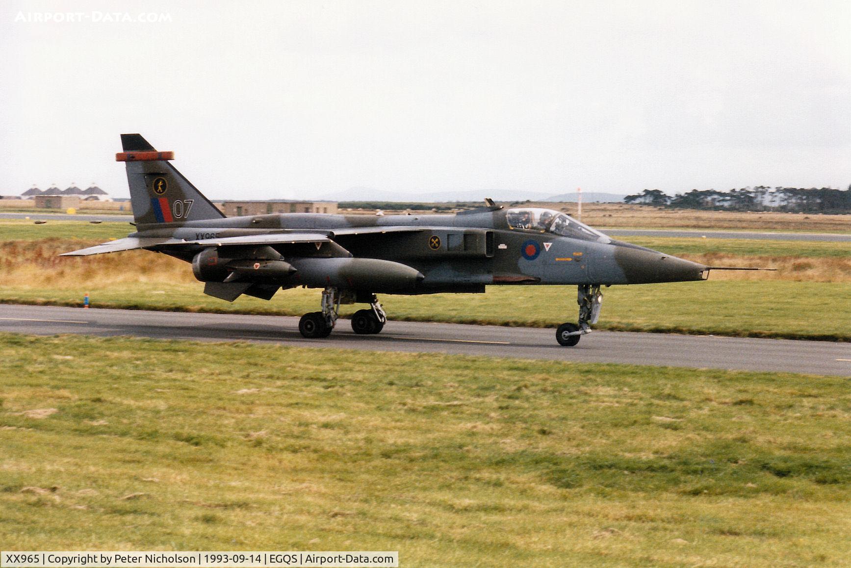 XX965, 1975 Sepecat Jaguar GR.1A C/N S.87, Jaguar GR.1A of 16 [Reserve] Squadron taxying to Runway 05 at RAF Lossiemouth in September 1993.
