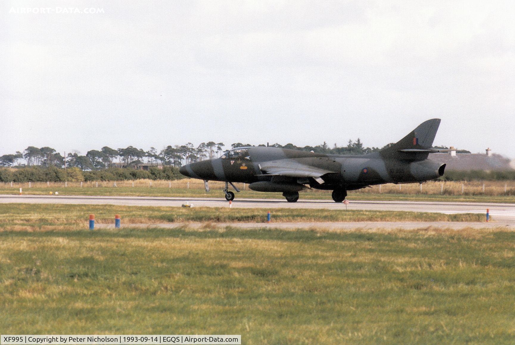 XF995, 1956 Hawker Hunter T.8B C/N HABL-003150, Hunter T.8B of 208 Squadron preparing for take-off on Runway 05 at RAF Lossiemouth in September 1993.