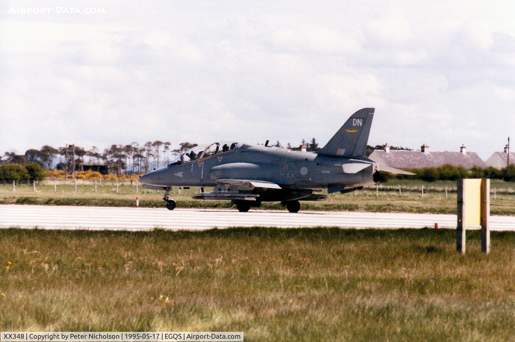 XX348, 1981 Hawker Siddeley Hawk T.1A C/N 197/312172, Hawk T.1A of 208 [Reserve] Squadron preparing for take-off on Runway 05 at RAF Lossiemouth in the Summer of 1995.