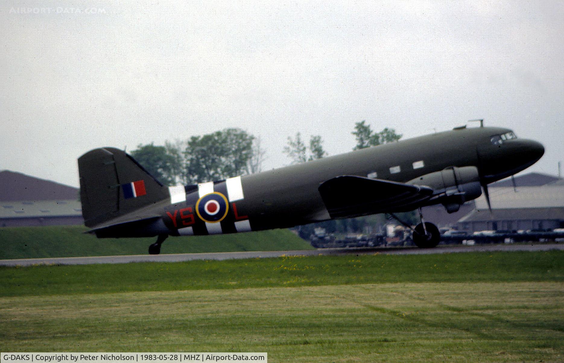 G-DAKS, 1943 Douglas C-47A-75-DL Skytrain C/N 19347, C-47A Skytrain as Dakota 3 KG374 in action at the 1983 RAF Mildenhall Air Fete.