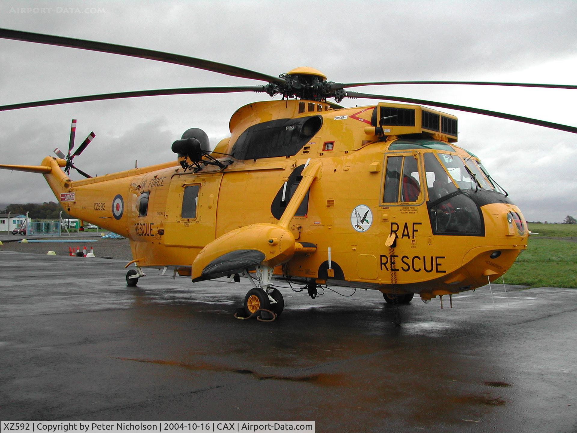 XZ592, 1978 Westland Sea King HAR.3 C/N WA858, Sea King HAR.3, callsign Rescue 131, of 202 Squadron at RAF Boulmer on a visit to Carlisle in October 2004.